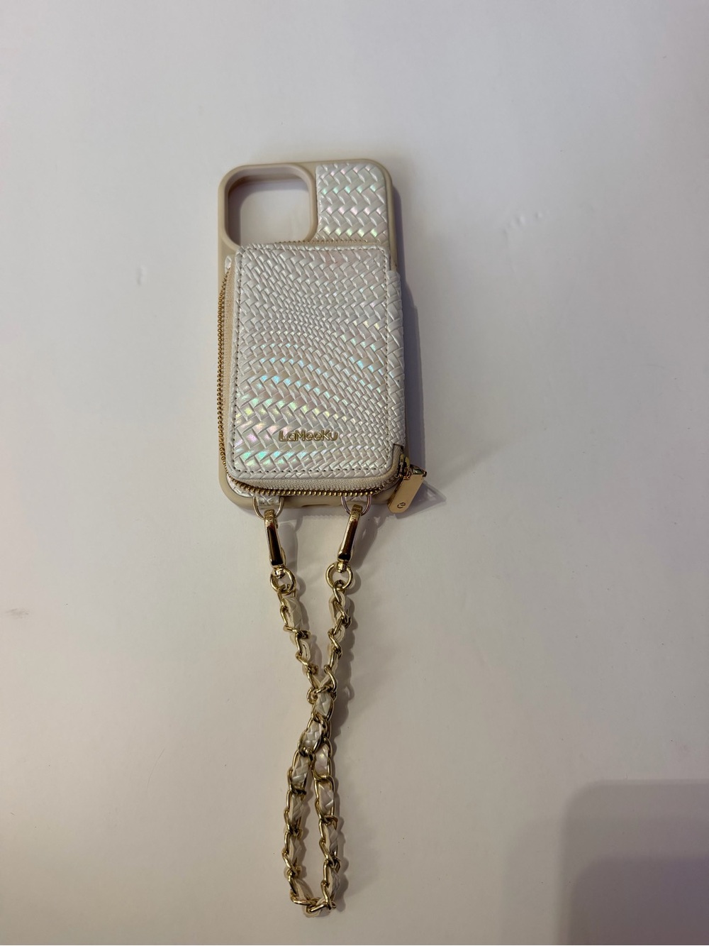 Iridescent White Wallet Phone Case with Gold Chain Strap iPhone 13 Pro Max